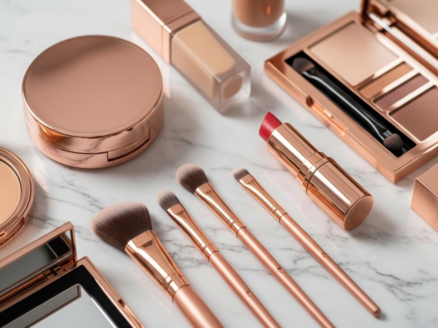 Productos de maquillaje de lujo sobre mármol