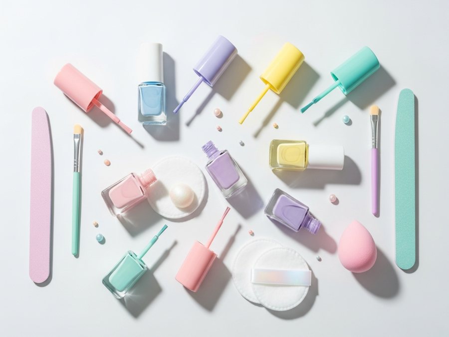 Esmaltes y accesorios de belleza en estudio luminoso